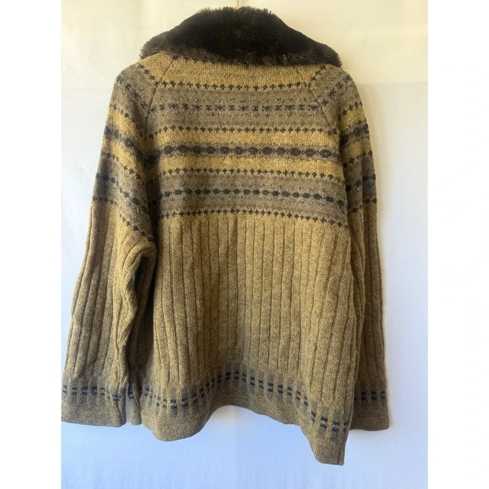 Mac & Jac Mens XL Shetland Wool Mohair Fair Isle Cardigan Faux Fur Collar Olive